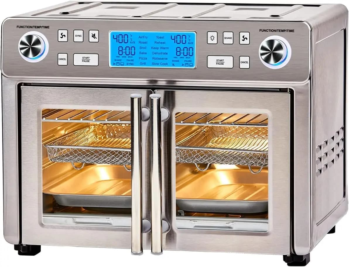 Forno Combinato con Friggitrice ad Aria Dual Zone 360 e Porta Francese, Extra Large da 25 QT, Cuoce Due Alimenti Diversamente, Fino al 60% Più Veloce, Pietra per Pizza Inclusa