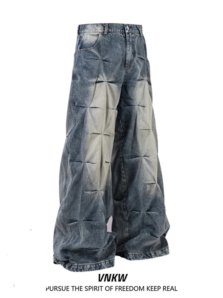 Retro American Waed Denim Jeans Men's Loose Wide Leg Straight Casual Pants Youth Trendy Cotton 00% Wear Resistant