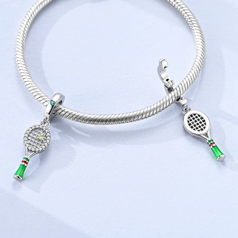 New 925 Sterling Silver Green Tennis Racket Charms Beads CZ Zircon Dangle Fit 3mm Original Bracelet DIY Women Jewelry