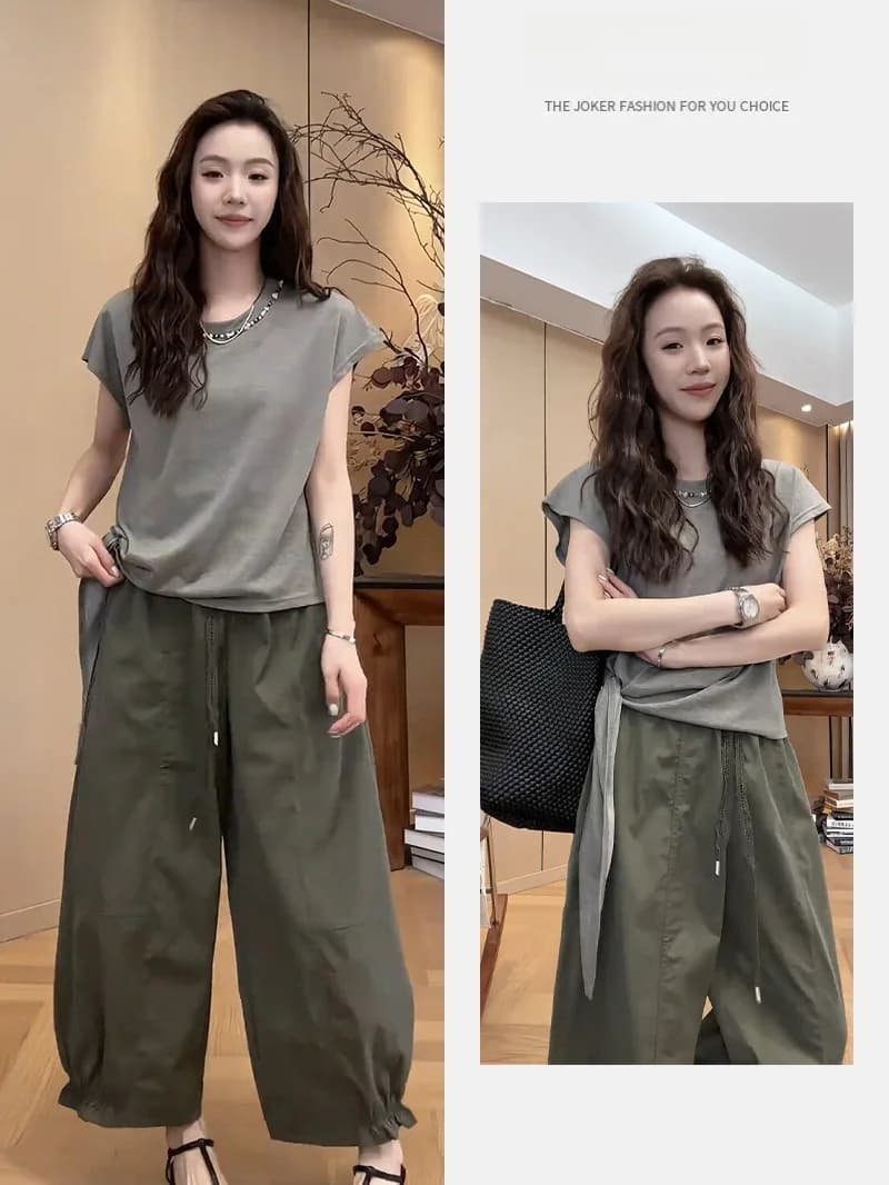 Summer 2026 High Waist Casual Pants with Waistband Design Hip Concealing Two-Piece Set Trendy And Casual Women's Fashion
