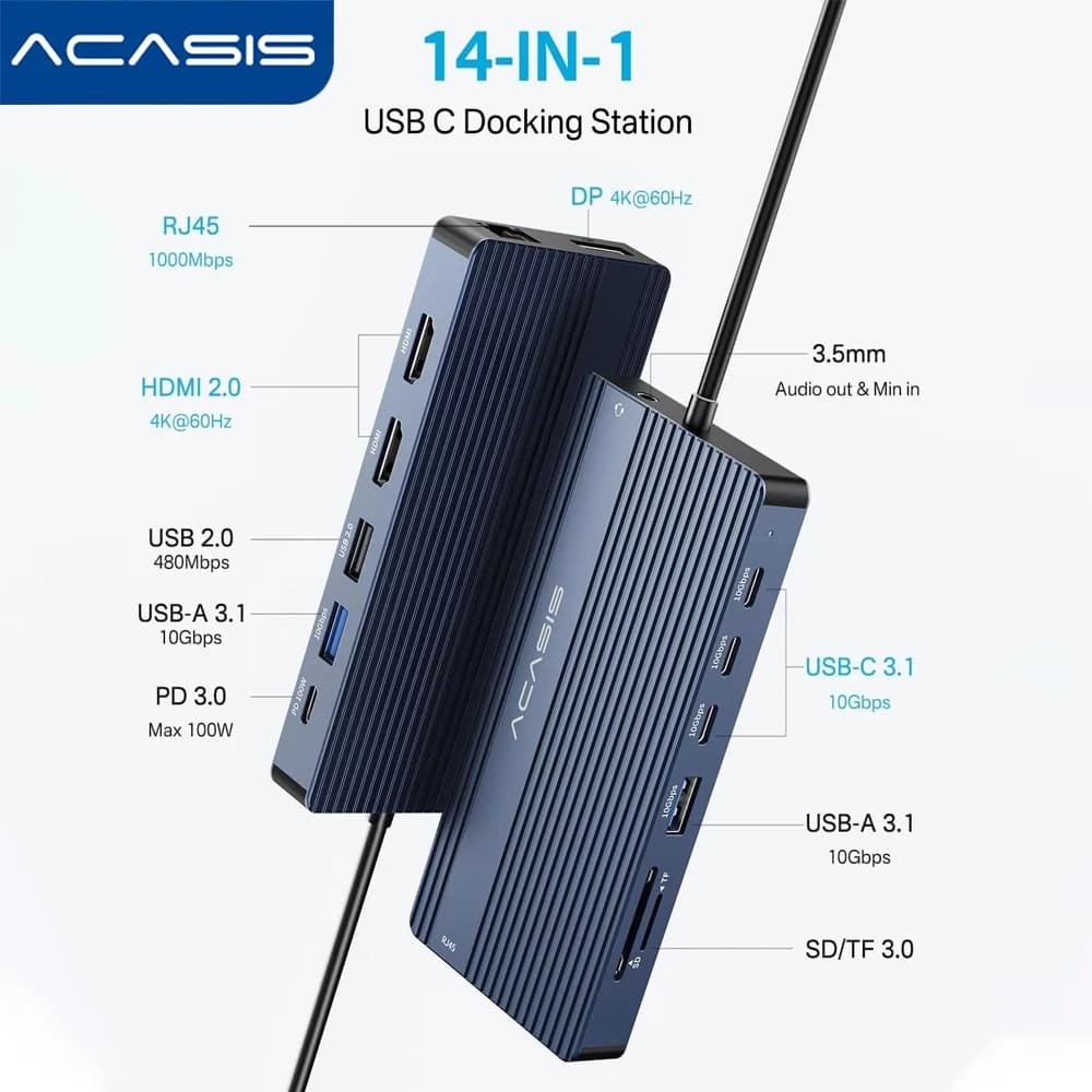 Docking Station Acasis 14 in 1 USB-C 3.1, Hub Type-C a HDMI, 10Gbps, 4K/60HZ, PD100W, Ethernet 1000Mbps, Ingresso 85W per Laptop