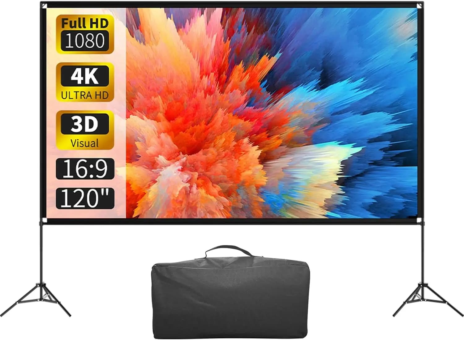 Schermo per Proiettore da 120 Pollici con Supporto, 16:9 4K HD, Schermo Portatile per Esterni, Pieghevole Senza Pieghe 160 ° Angolo di visione con