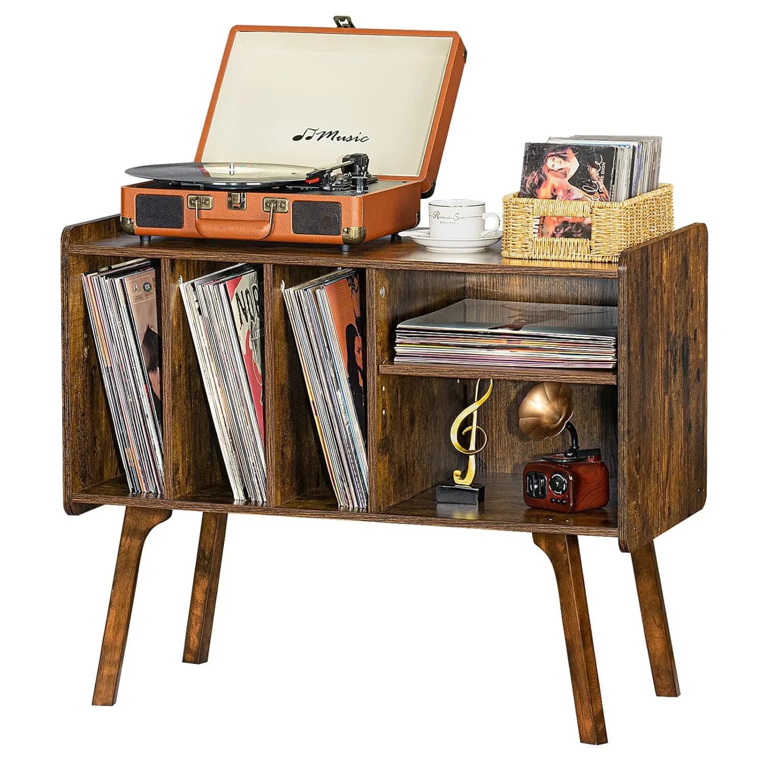 Supporto per Giradischi con 4 Armadietti, Contiene Fino a 220 Album, Grande Supporto per Giradischi con Gambe in Legno di Faggio, Stile Mid-Century, Personalizzabile