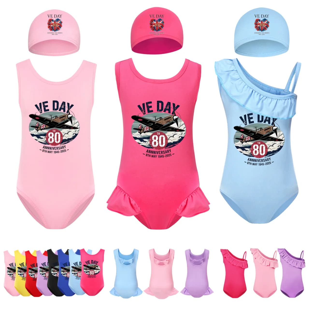 Cute VE DAY 80th Children's swimsuits Hooded swimwear 2 pieces Sleeveless set Baby swimsuit Catnap4475