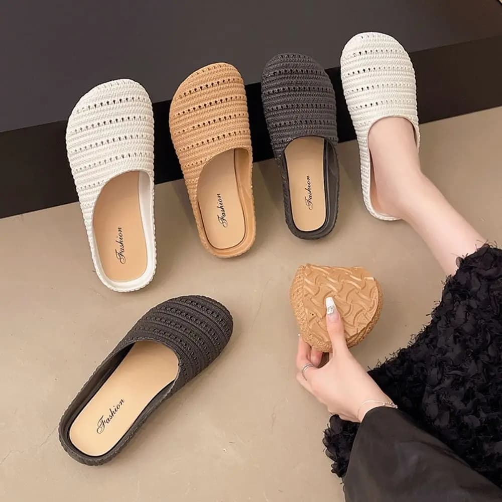 Breathable Baotou Half Slippers Hollow All-Match Flat Bottom Slippers Anti-Slip Lightweight Hand-Woven Slippers Summer Wear