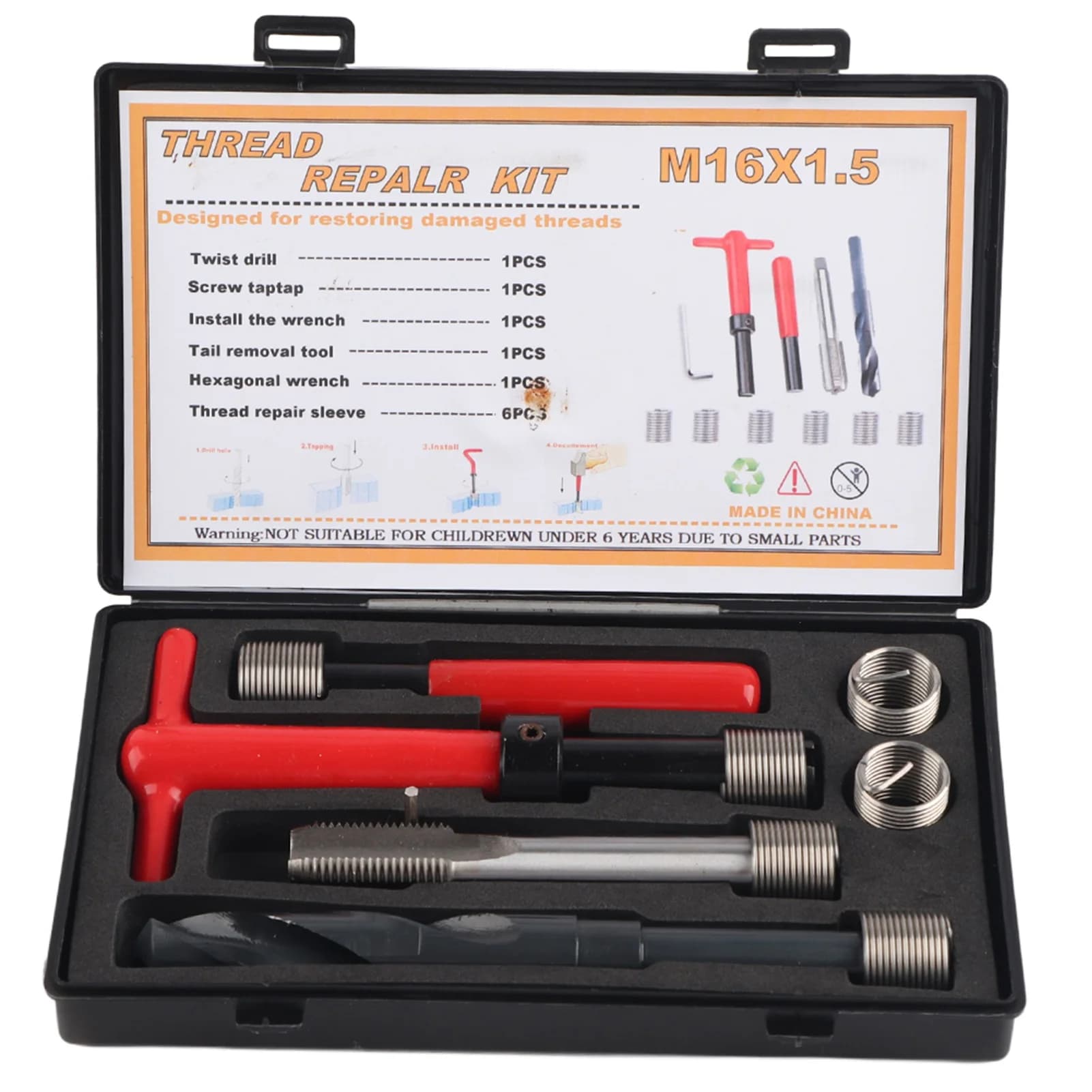 Thread Repair Kit Stainless Steel Twisted Drill Wrench Tap Insertion Tool M16x1.5 Threaded Insert
