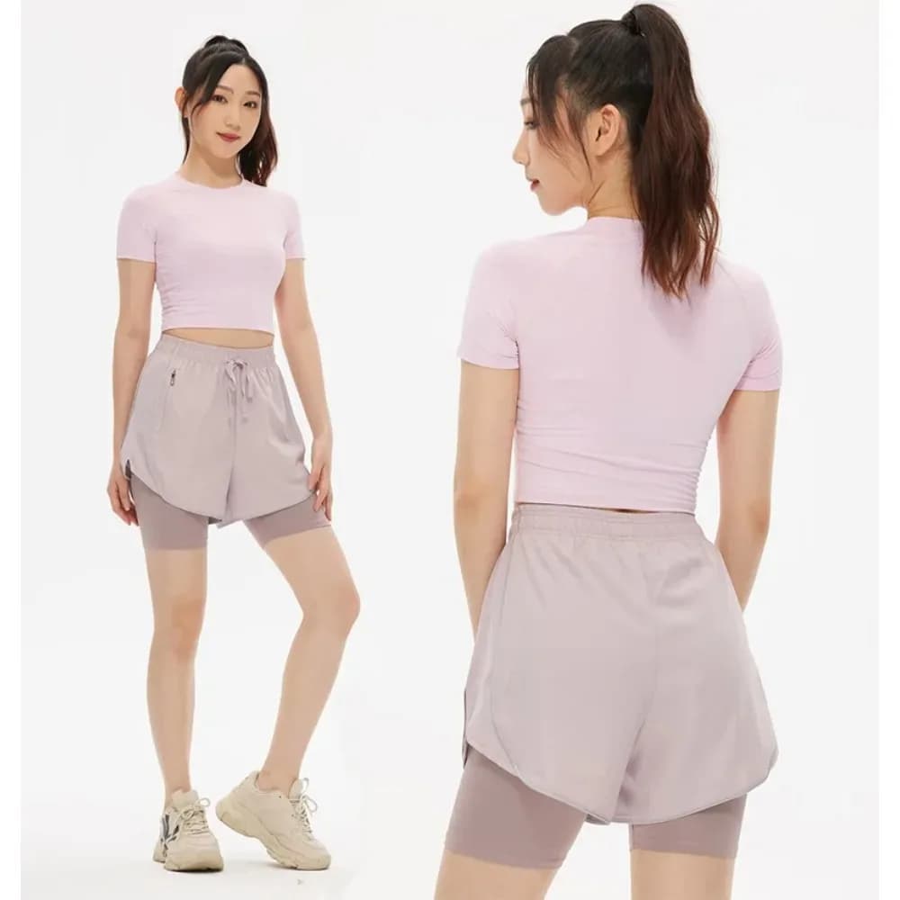 Pantaloncini da badminton, corsa, tennis e ciclismo ad asciugatura rapida con tasche con cerniera e vita alta, 2 in 1, anti-esposizione, da palestra, da donna