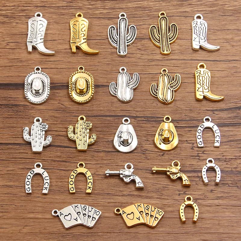 20Pcs Mix Style Zinc Alloy Cowboy Pendant Cactus Boots Hat Gun Horse's Hoof Charm Jewelry Making DIY Handmade Craft