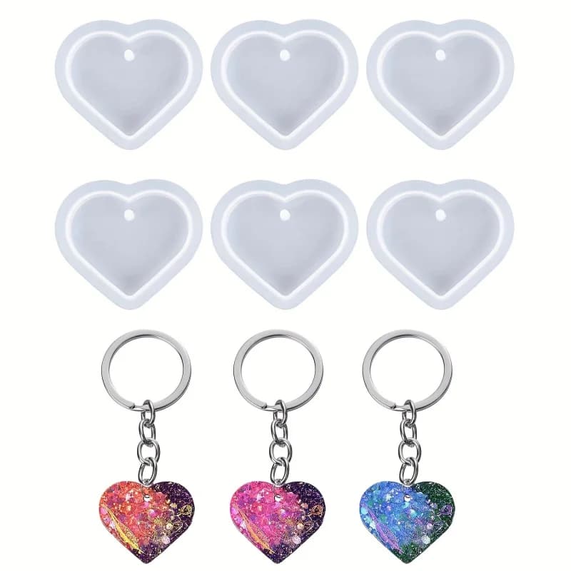Set di 6 stampi in resina a forma di cuore, stampo in silicone per portachiavi a forma di cuore, grazioso stampo a forma di cuore con fori per la creazione di gioielli fai da te
