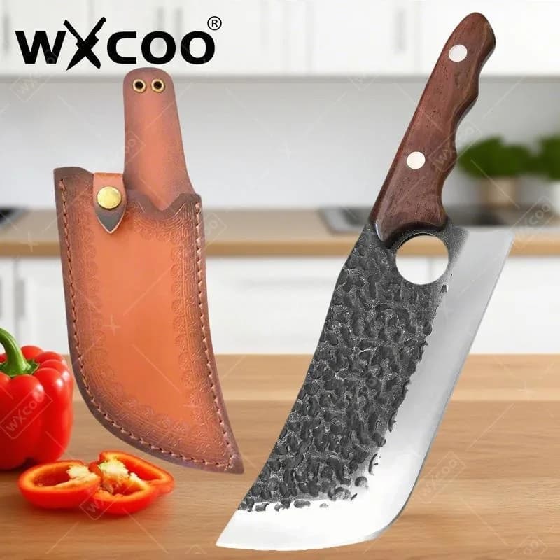 Coltelli da Cucina WXCOO con Lama Forgiata a Mano, Coltello da Chef con Manico in Legno, per Verdure, Carne, Pesce, Coltello da Macellaio, Mannaia