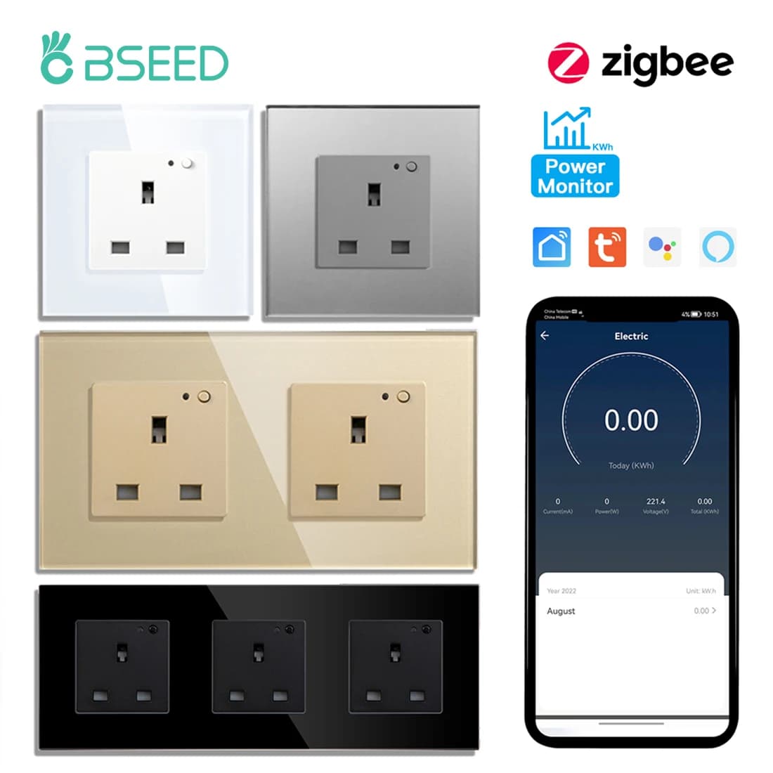 Presa Intelligente BSEED Standard UK con Monitoraggio Consumo Energetico, Doppia Presa Elettrica Zigbee Compatibile con Tuya Smart Life e Google Home, 13A