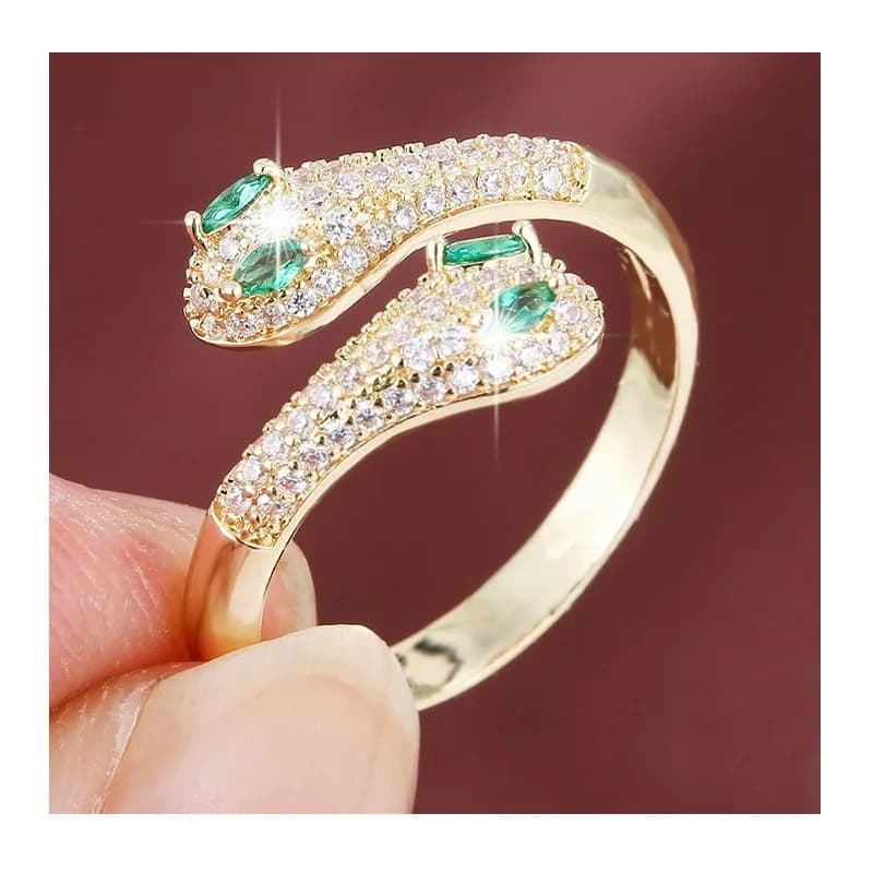 Hot-selling Green-eyed Snake-shaped Dense Zircon Open Ring, High-end Light Luxury Fashion Single Item, Pure Copper Women's Ring
