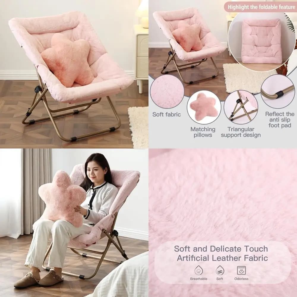 Oversize reading chair in synthetic fur for adults: soft folding armchair with cushion for the comfort of the bedroom