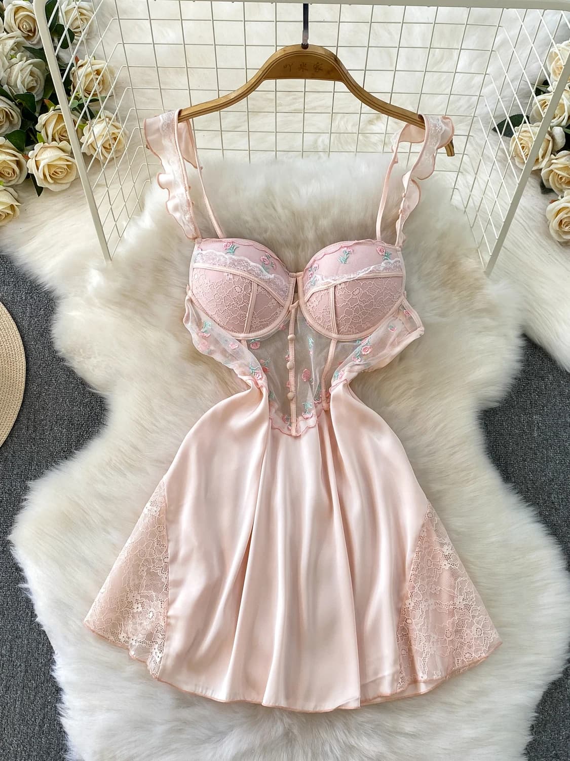 Foamlina Sexy Sleepdress Women Pink Lace Trim Strap Sleeveless with See Through Mesh Floral Embroidery Backless Sweet Nightgown