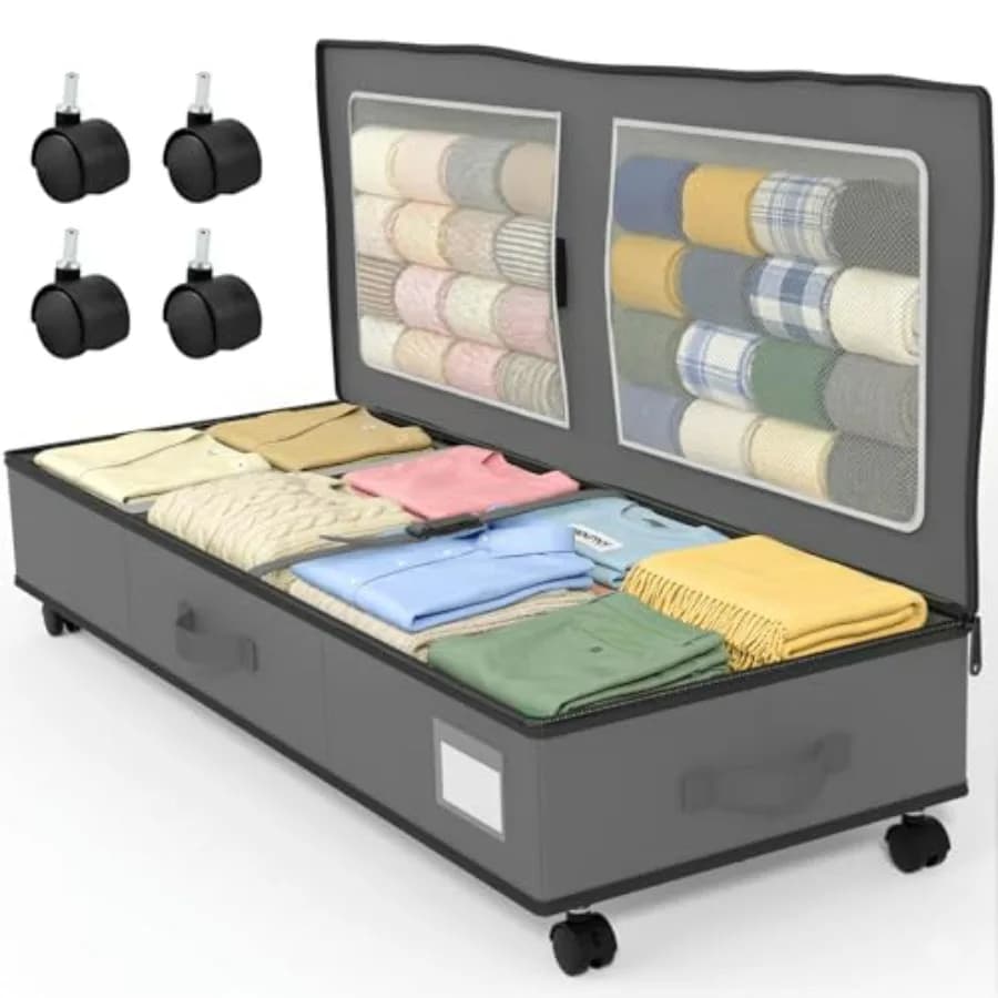 Under Bed Storage with Wheels: 70L Rolling Bins for Wrapping Paper Storage, Toys, Clothes - Includes Mesh Bag and Adjustable Di