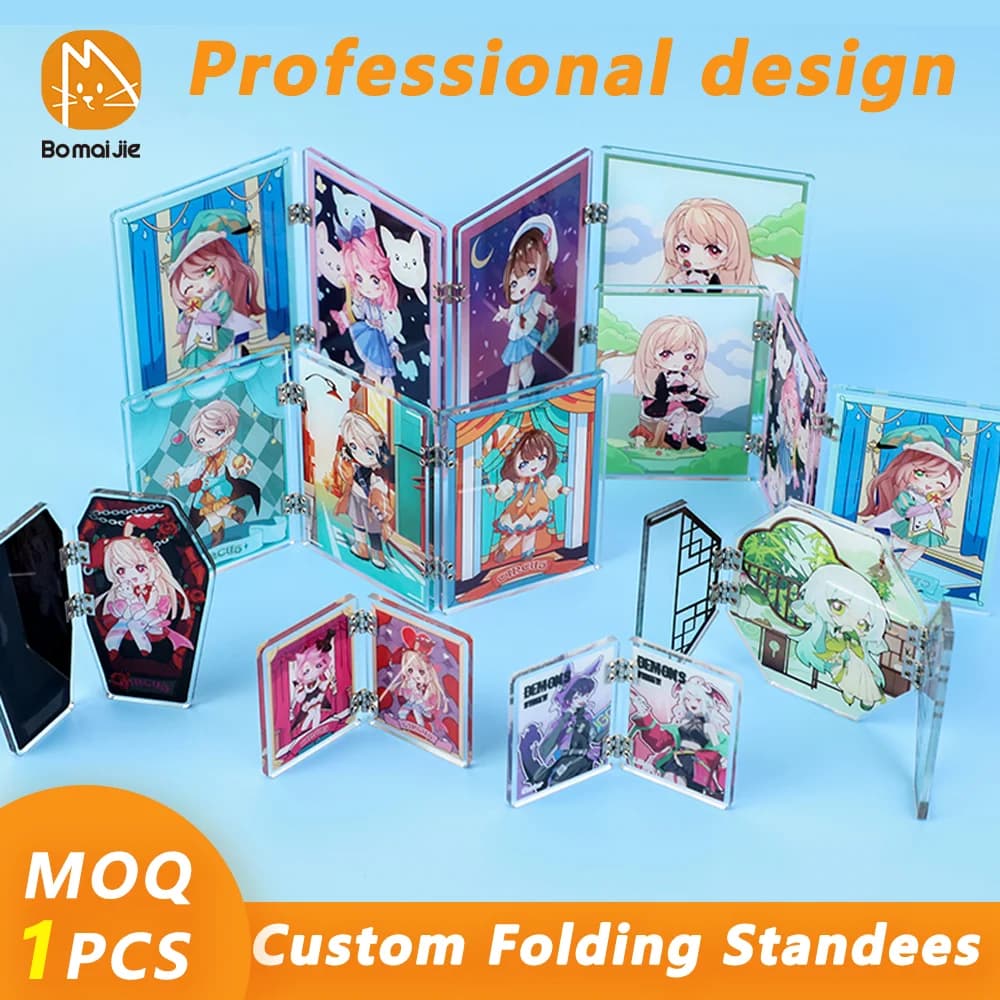 Supporto acrilico personalizzato Standees per schermi pieghevoli incernierati personalizzati Personaggio anime personalizzato Stampa fronte-retro Standees per foto