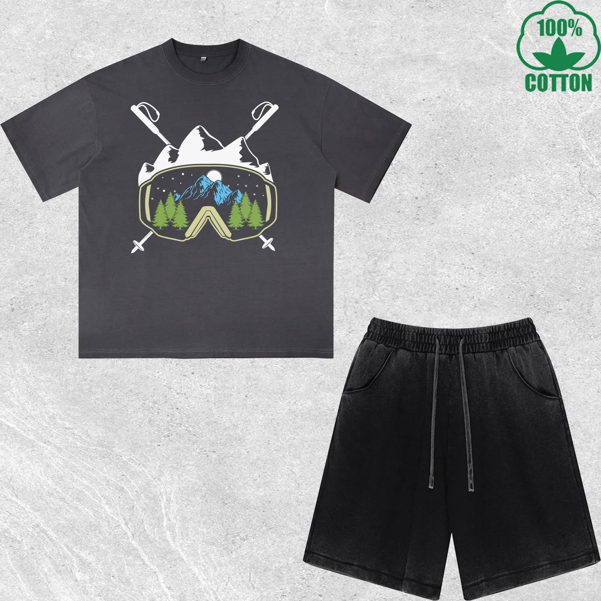 Set T-Shirt e Pantaloncini Stampati Passion Ski, Effetto Lavato, Multicolore, Stile Trendy e Alla Moda, 100% Cotone