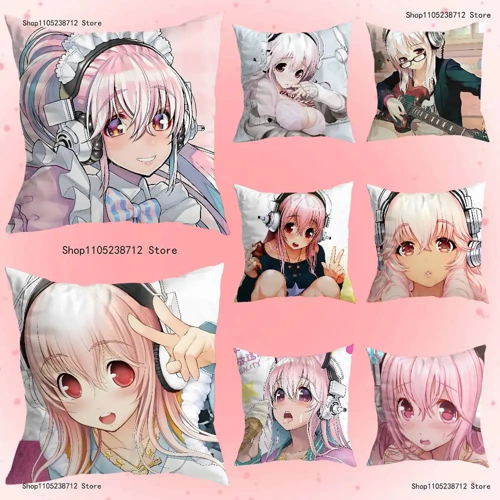 S-Super S-Sonico Anime Pillow Case Anti-dustmite Pillowcase Invisible zipper silky short plush Sofa cushion cover