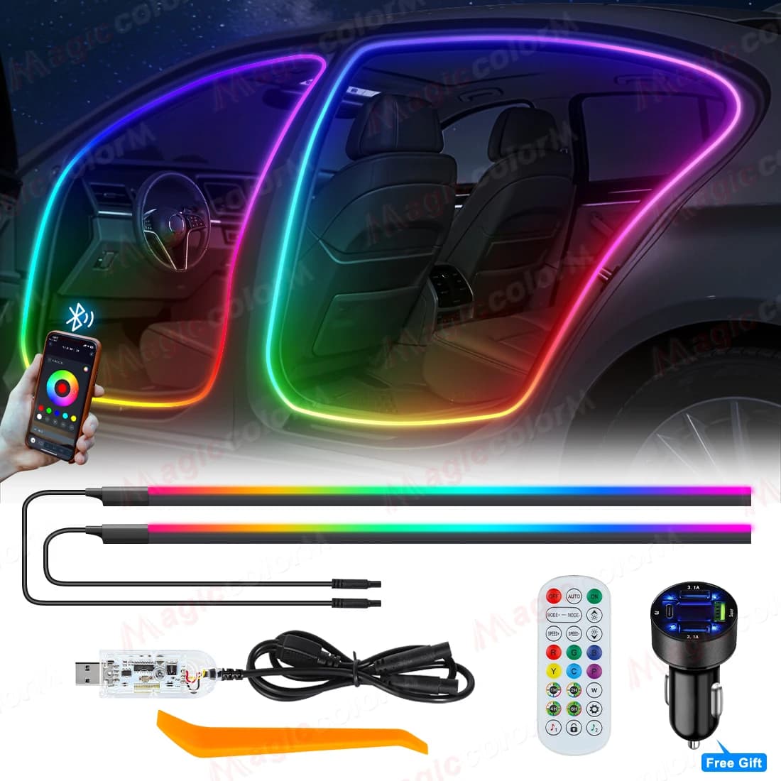 Luci Ambientali per Telaio Portiera Auto 4in1 2in1 Symphony, Strisce LED RGB Universali 3M 4M in Acrilico, Controllo Remoto APP, USB, Facile Installazione