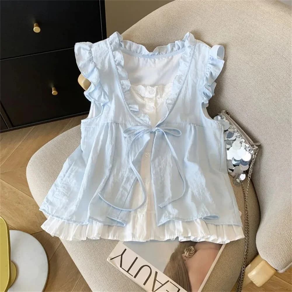 Ruffle Trim Tie Front Sleeveless Blouse Women'S Loose Fit Fake Two Piece Casual Shirt Sweet Plaid Summer Top For Daily Wear Tee