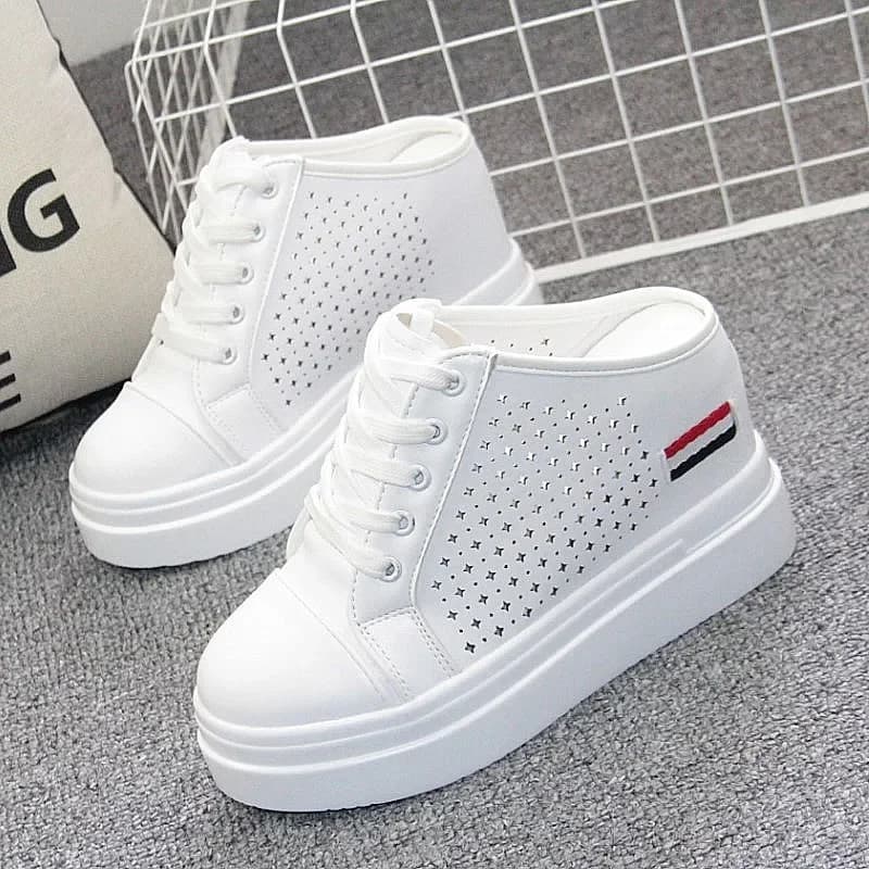 Baotou Half Slipper Inside Increase 10cm Women's Shoes A Slipper Lazy Shoes Port Wind Slipper Without Heel Small White Shoes