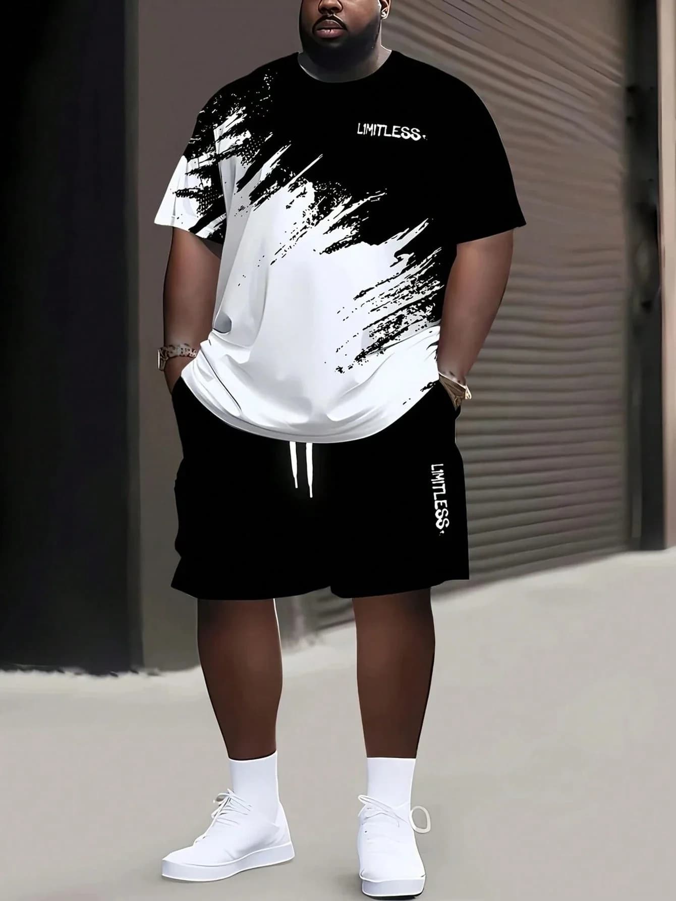 Set Sportivo Casual da Uomo Taglie Forti: T-Shirt con Stampa Effetto Pennello e Pantaloncini con Coulisse