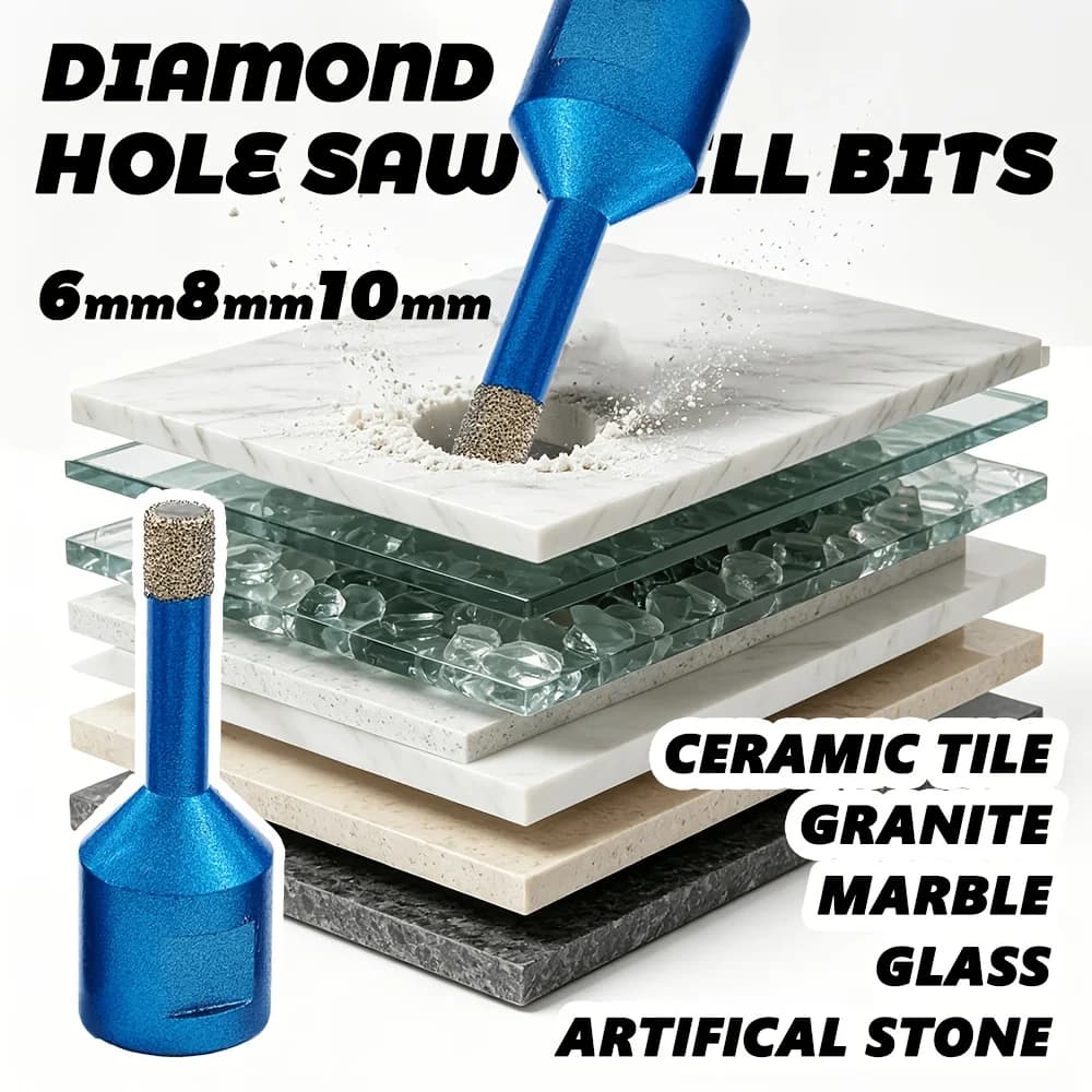 Set di punte diamantate brasate M14 da 6-16 mm per foratura a secco di piastrelle in porcellana, ceramica, marmo e granito, con sistema di aspirazione.