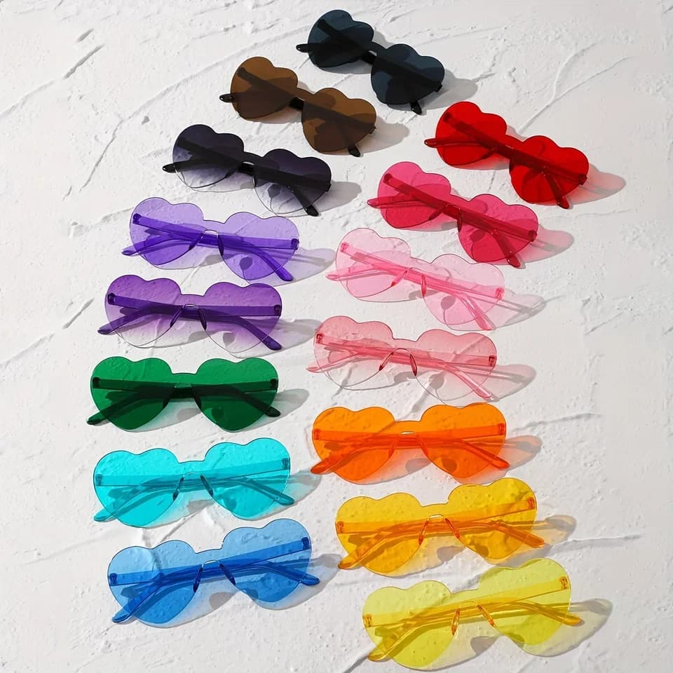 15 Occhiali da Sole a Forma di Cuore Senza Montatura, Unisex, Stile Cat Eye, Colori Vivaci, Protezione UV400