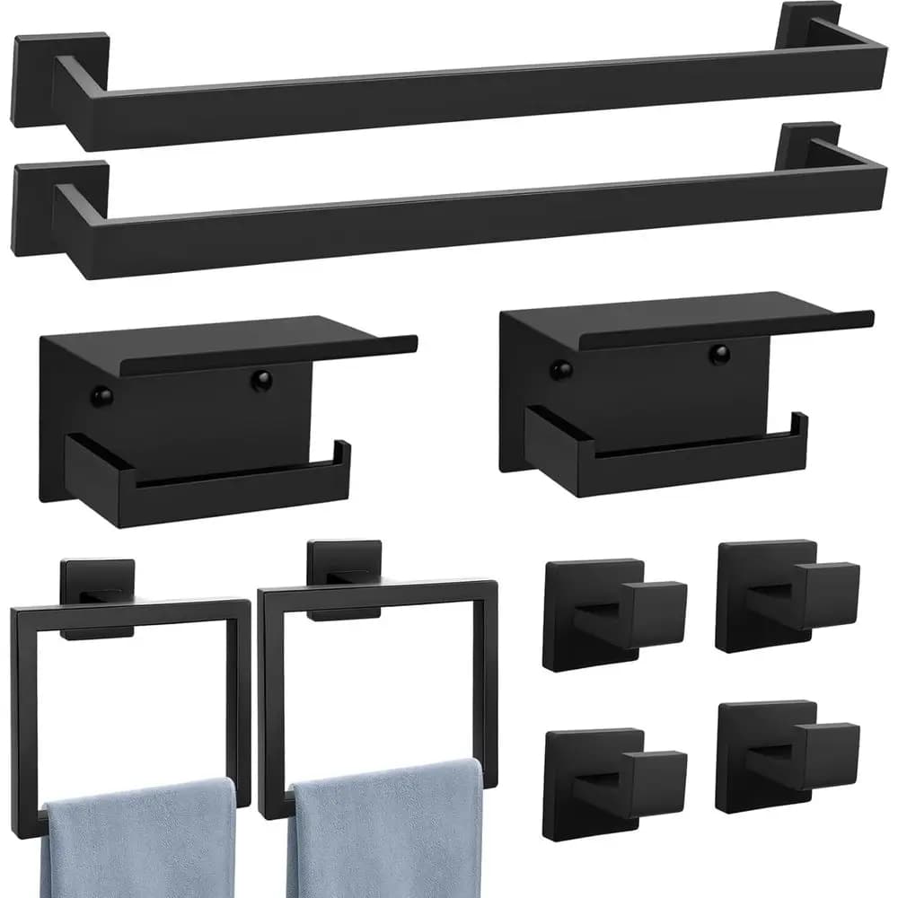 Set di Portasciugamani Nero Opaco 10 Pezzi, Set di Accessori per Bagno, Portasciugamani da 23,6 Pollici in Acciaio Inox Montato a Parete