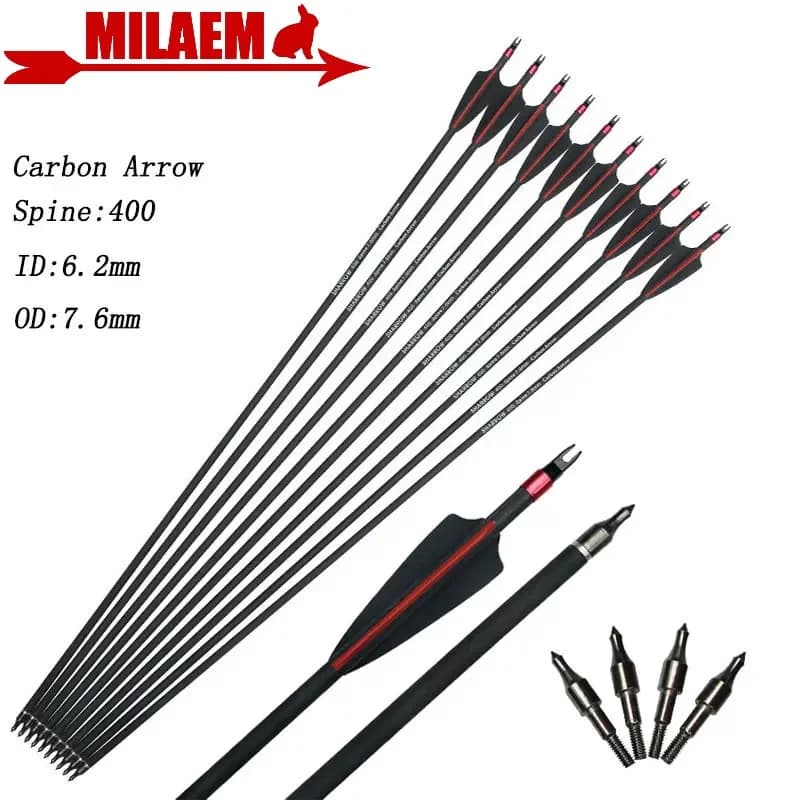 6/12pcs Spine 400 Tiro con l'arco Freccia in carbonio ID6.2mm OD7.6mm 3 pollici Paletta in gomma Anello a prova di esplosione Tiro al bersaglio Caccia Arco Freccia