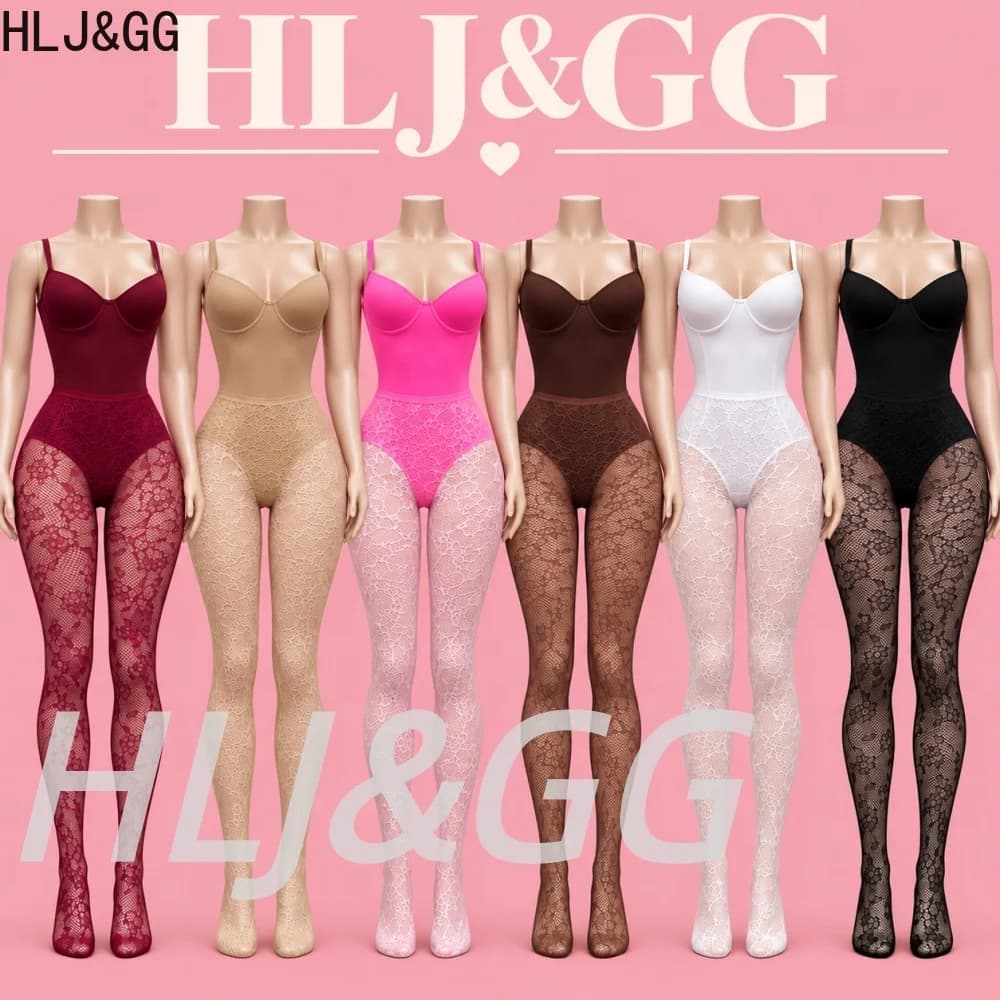 HLJ&GG Sexy Bodysuits Two Piece Sets Women V Neck Spaghetti Strap Top And Lece See Though Long Socks Outfits Fashion Streetwear