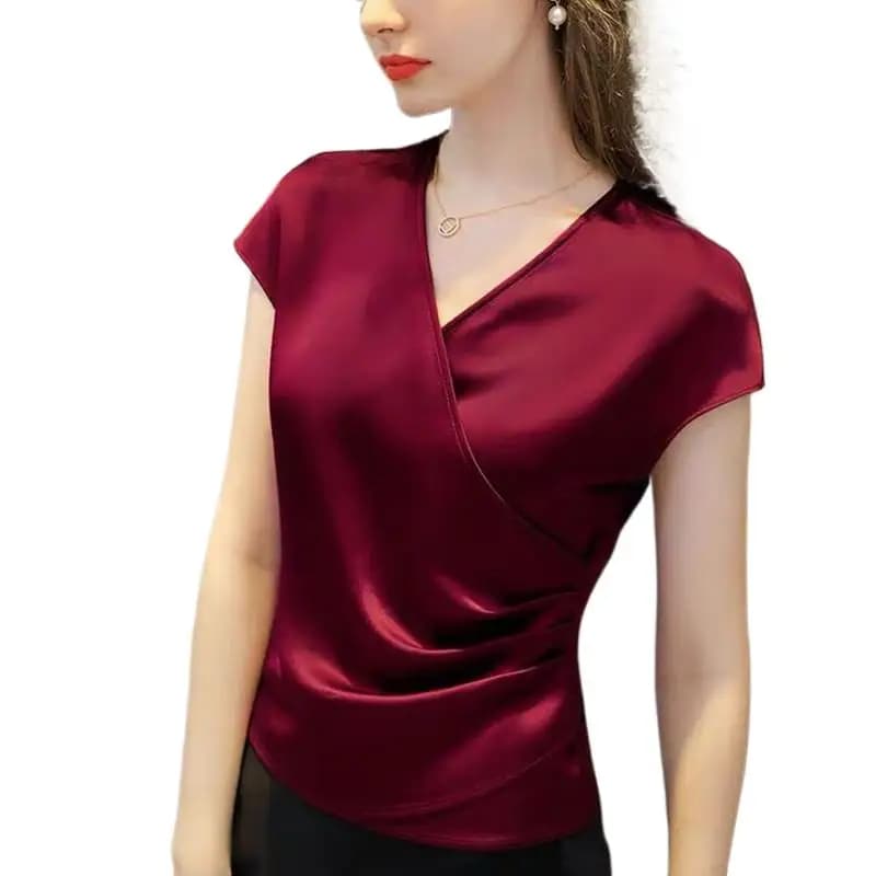Camicie di Chiffon eleganti da donna eleganti da ufficio camicette di raso acetato con scollo a v sexy Femme Blusas bianco rosso nero verde top in raso