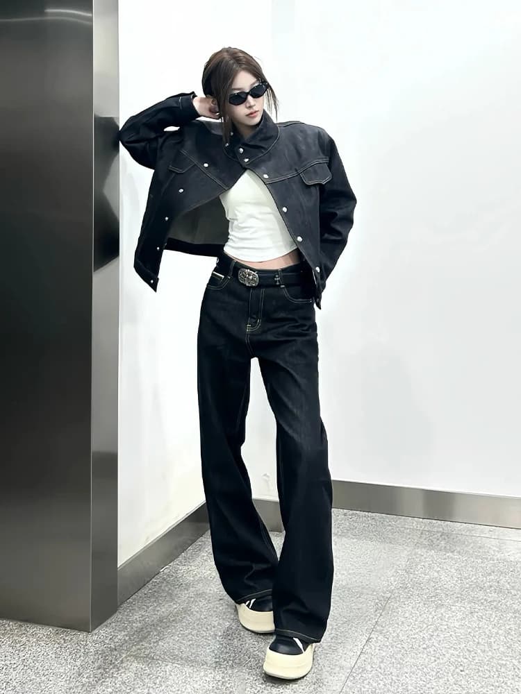 Jeans Cleanfit Slim Fit da Uomo in Vera Pelle di Vacchetta Nera, Modello Bootcut a Vita Media, Gamba Dritta, Leggeri e Casual