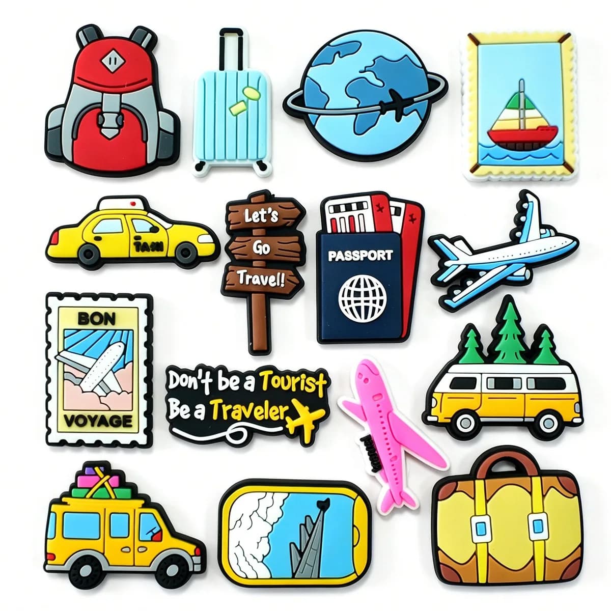15pcs/Set Airplane Suitcase PVC Shoe Charms Shoes Accessories Decoration Clog Sandal Shoes Buckles Fit Bands Bracelets
