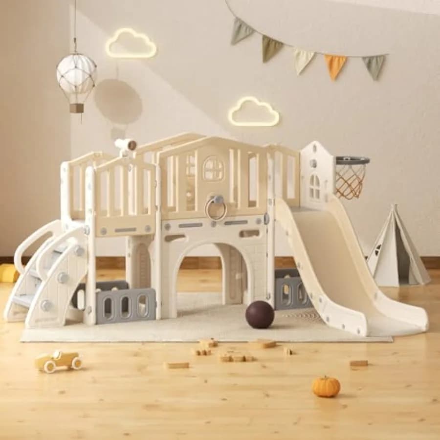 Set Scivolo 9 in 1 per Bambini da 1-3 Anni, Scivolo e Struttura da Arrampicata con Canestro da Basket e Palla, per Interni ed Esterni