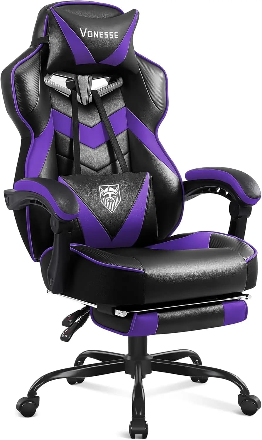 Sedia da gaming con poggiapiedi, massaggio e supporto lombare, sedia reclinabile con schienale alto per adulti, viola/nero