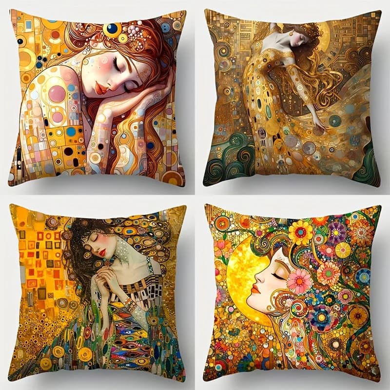 Set of artistic style cushions VIKAMA Klimt, closed cushion cover with printed zipper on both sides, home decorations for living room sofa