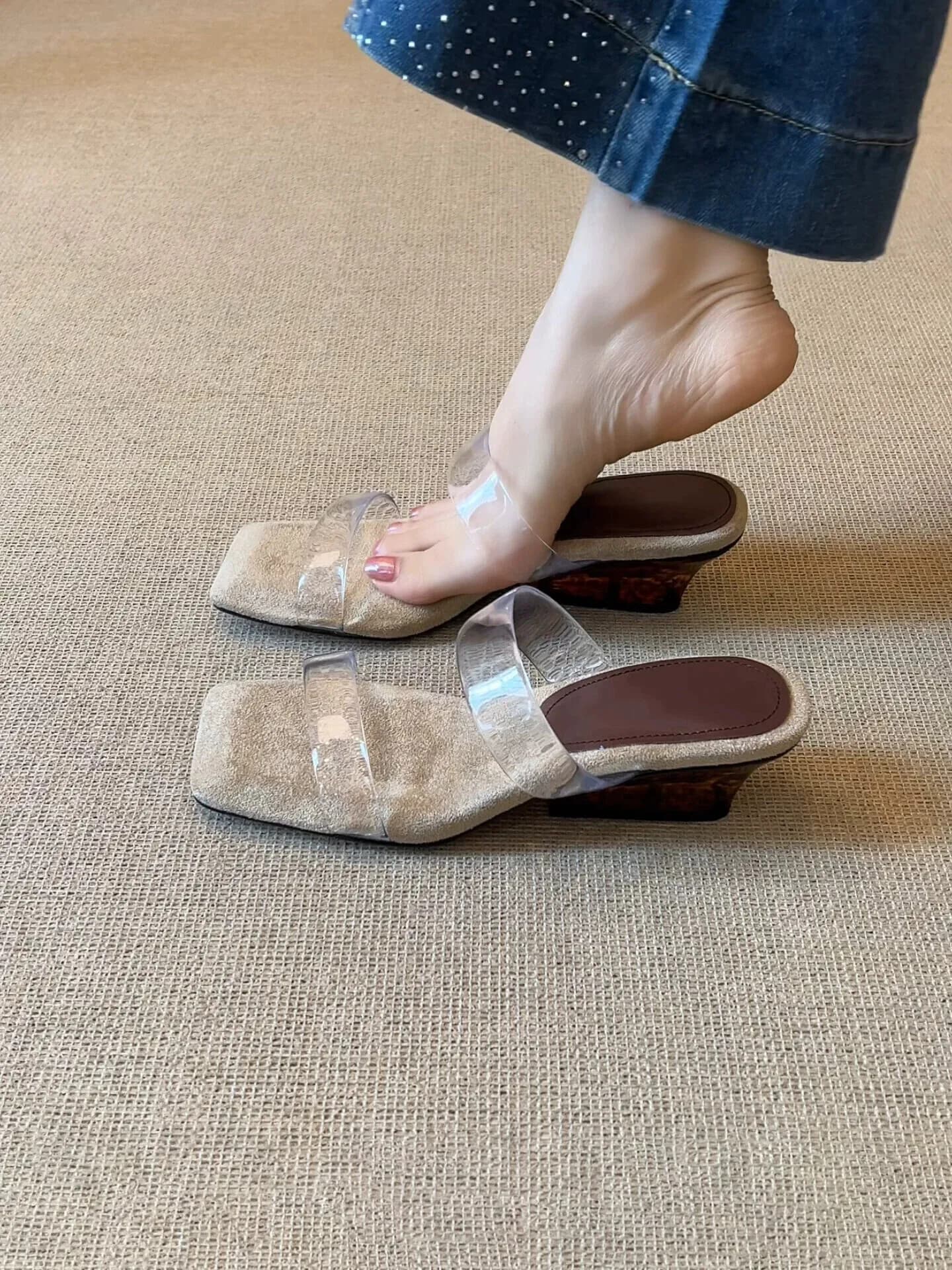 Sandali da Donna con Suola Morbida in Pelle di Pecora, Punta Quadrata, Piattaforma per Esterni, Ciabatte con Tacco Piatto per Primavera Estate