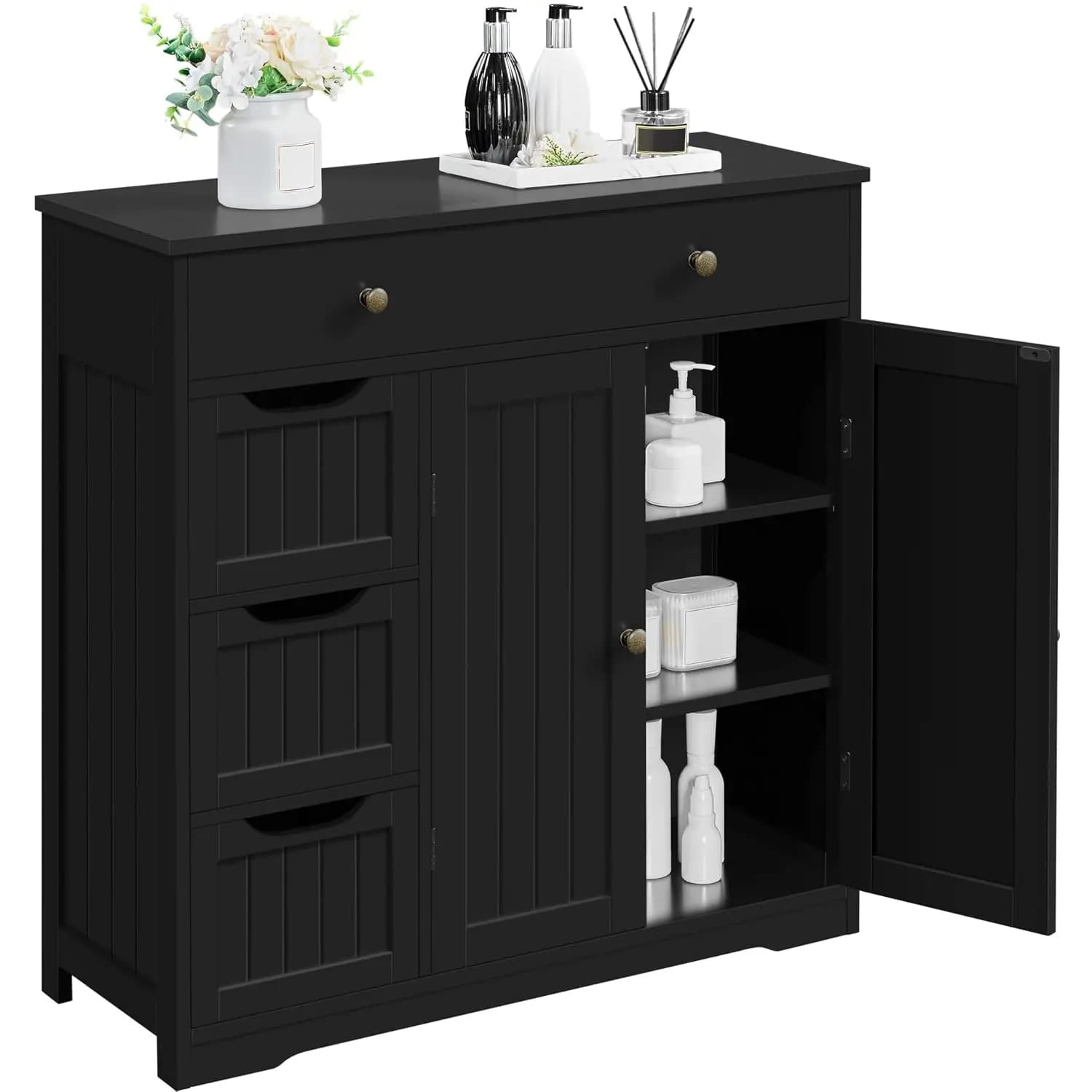 Freestanding Bathroom Cabinet 4 Drawers 2 Doors Black Floor Organizer Small Bath Adjustable Shelf Towels, Customized