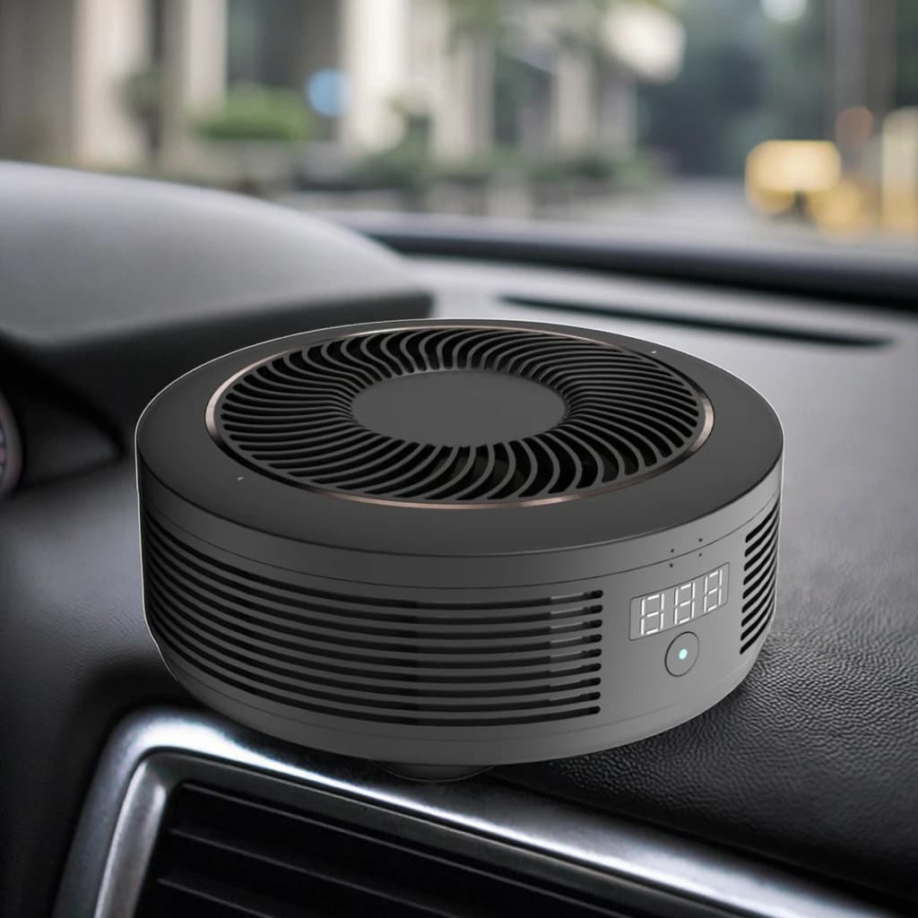 Mini portable electric air purifier for car with Hepa H11 filter, deodorant for CADR environments 50 m3/h, includes cigar adapter, USB/auto port.