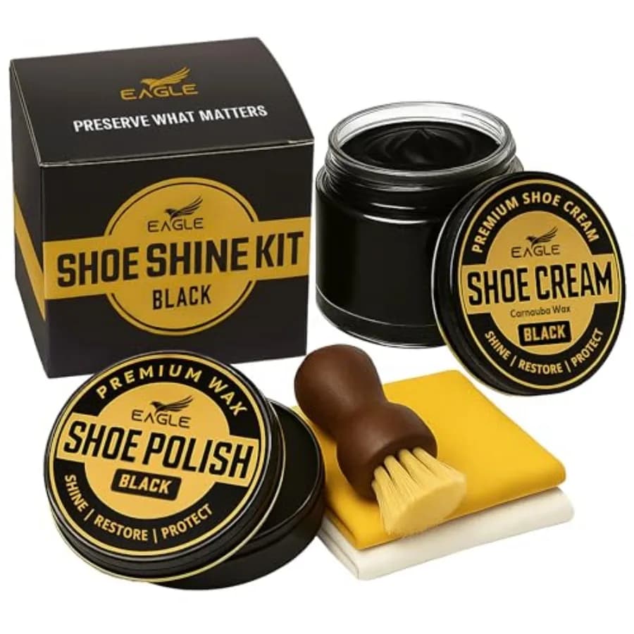Kit per la Cura delle Scarpe Eagle, Set di 5 Pezzi con Crema e Lucidante per Scarpe in Pelle, Spazzola e Panni