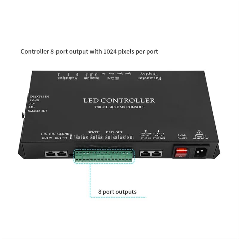 T8K Music + DMX Console 8 channel door with microphone In/Aux In SPI-TTL LED light strip controller for WS2811 WS2812B