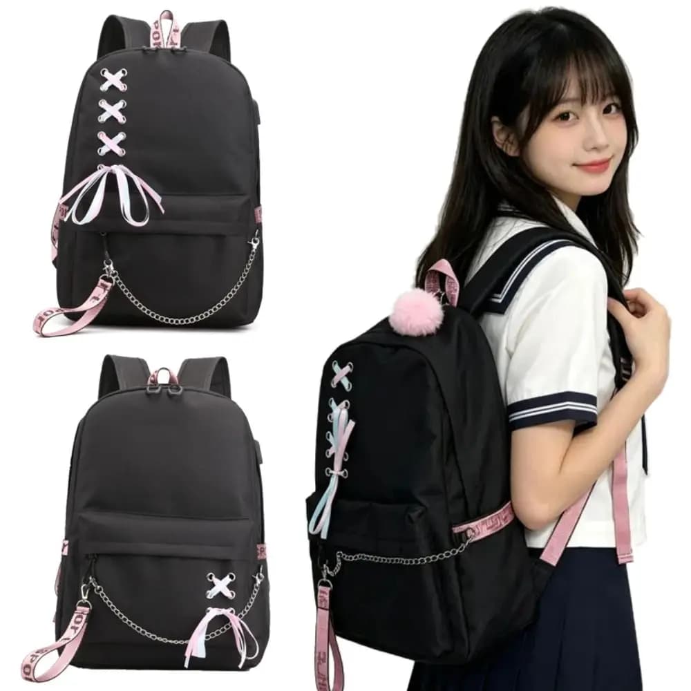 Large Capacity School Backpack Black Chain Decoration Laptop Backpack Oxford Cloth Reduces Load Student Backpack For Laptop