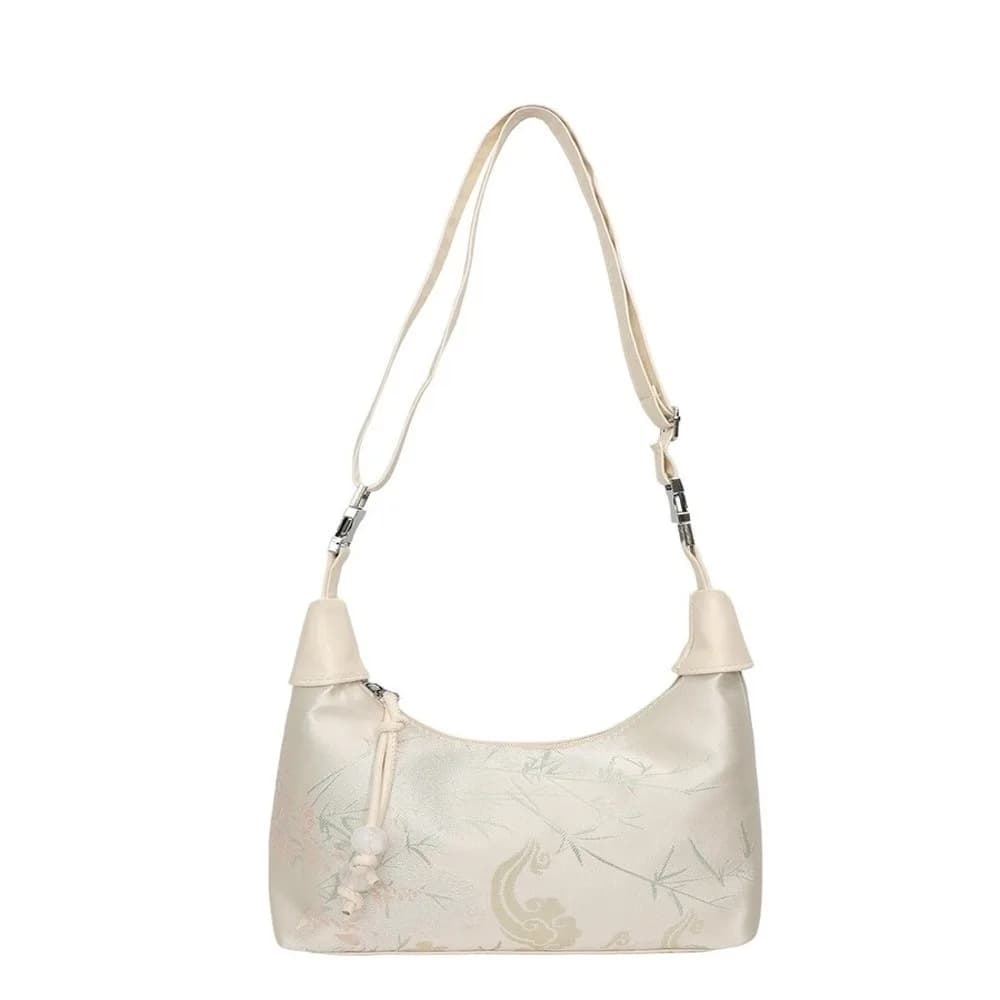 Casual Zipper Closure Embroidered Handbag Pearl Pendant Small Canvas Handbag Fine Embroidery Shoulder Bag Women