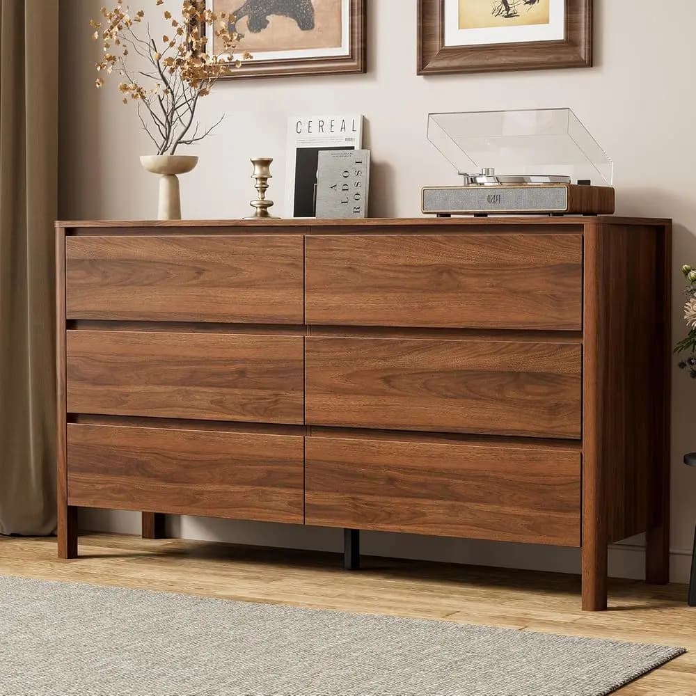 Cassettiera a 6 cassetti in noce 55 con gambe in legno massello, mobile contenitore grande per camera da letto