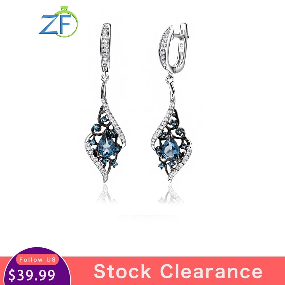 GZ ZONGFA Pendant earrings with plant drop in 925 sterling silver genuine for women Gemme from 1.8 ct Natural blue Topaz Elegant fashionable part