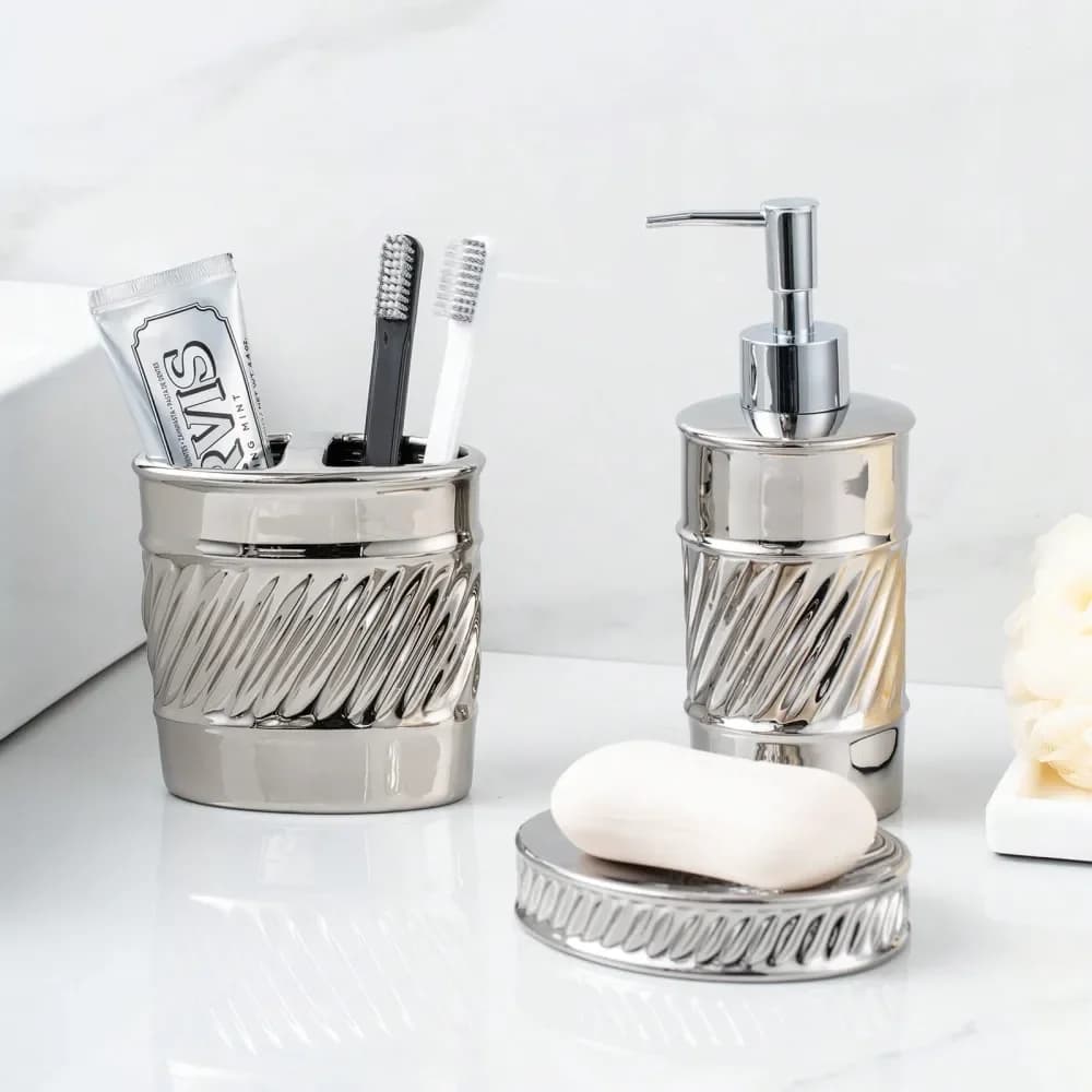 Set di accessori per il bagno in ceramica da 3 pezzi, dispenser per sapone, portaspazzolino, portasapone con design moderno a onde in rilievo per il bagno