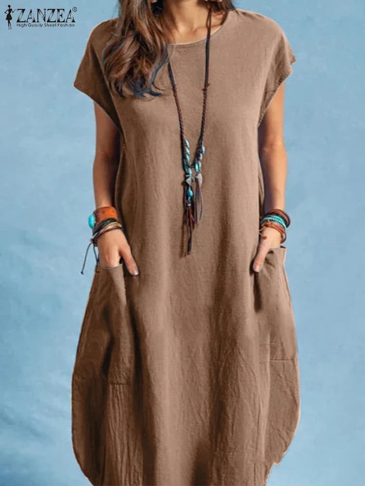2025 ZANZEA Fashion Summer Sundress Women Solid Loose Dress Short Sleeve Kaftan Knee-length Robe Casual Cotton Work Vestidos