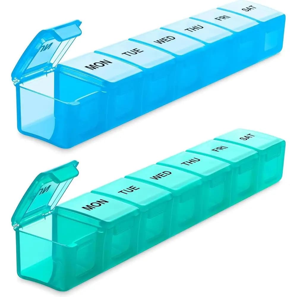 2-Piece Large 7-Day Pill Organizers, Portable Travel Cases for Medications, Vitamins, and Supplements (Blue & Green)
