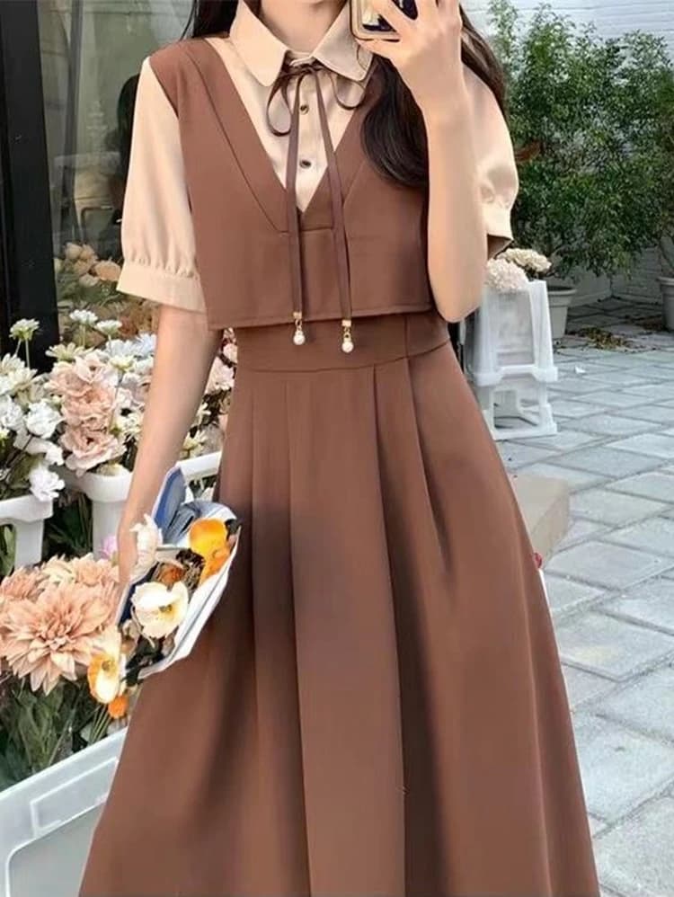 Heben Collar Long Sleeve Fake Two-Piece Dress A-Line Summer Vintage Plumpness Appropriate Commute Style High Waist Long ...
